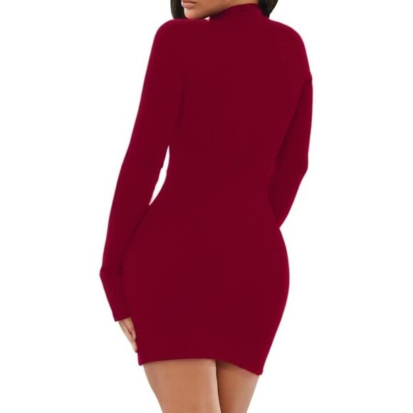 Women's Burgundy Mock Neck Cocktail Pencil Bodycon Long Sleeve Night Dresses - Picture 5 of 5